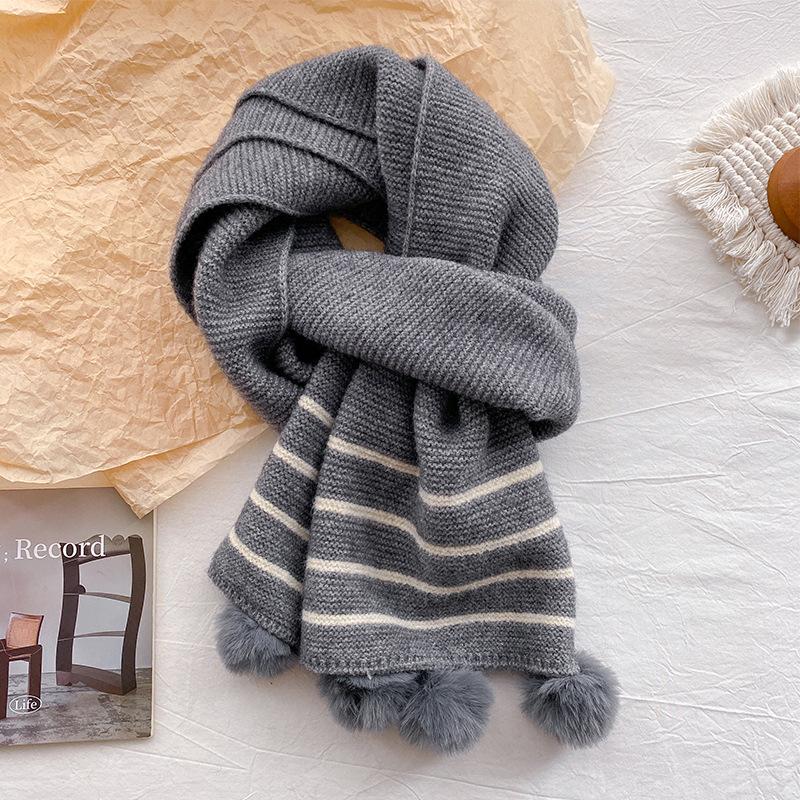 Cute Big Hairball Knitted Scarf Women's New Winter Model with Wool Thickened Contrasting Stripes Wool Warm Scarf