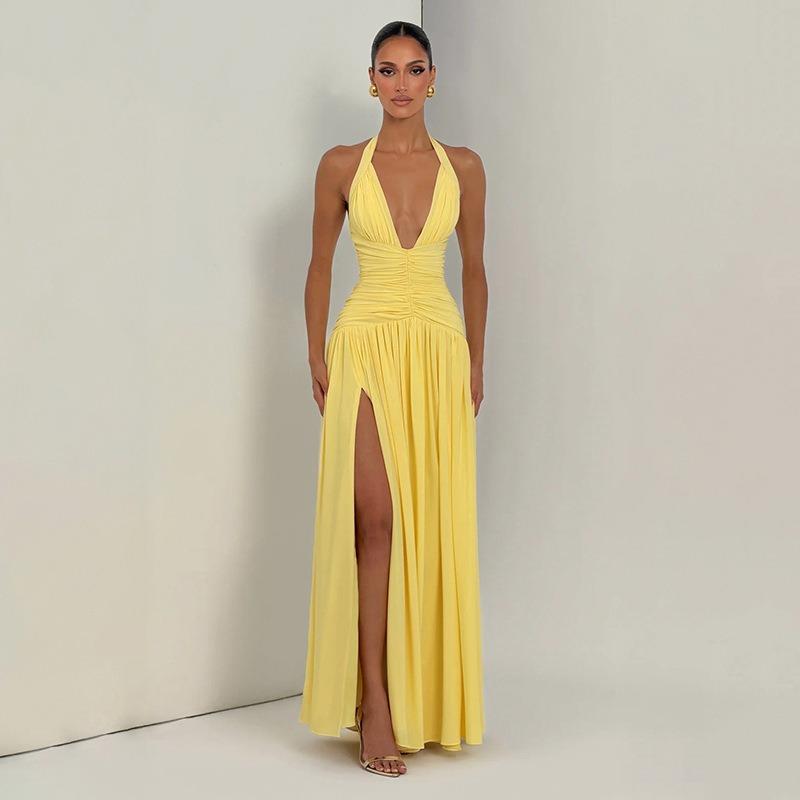 Rochie lungă elegantă pentru femei, culoare solidă, fără mâneci, cu gât halter V, legată, cu crăpătură