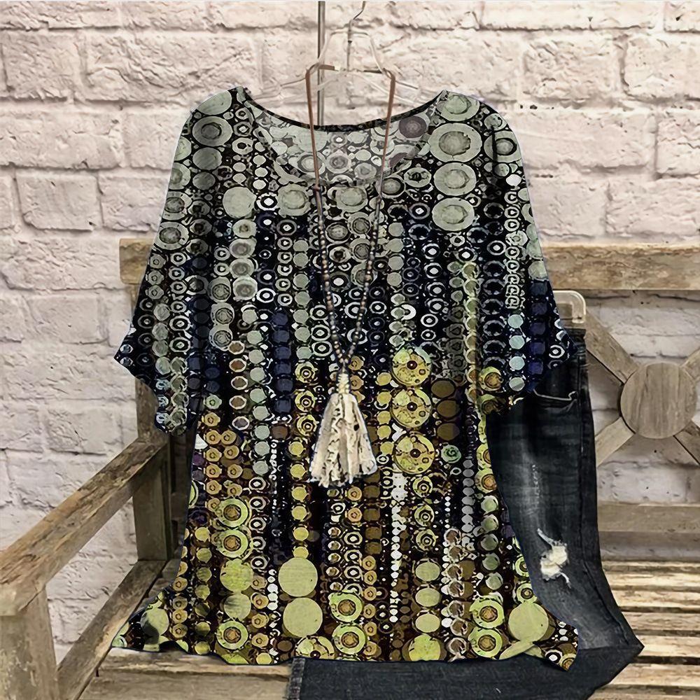 Plus Size Retro Color Blocked 3D Printed Summer Casual Round Neck Short Sleeved Loose Slimming Loose T-shirt