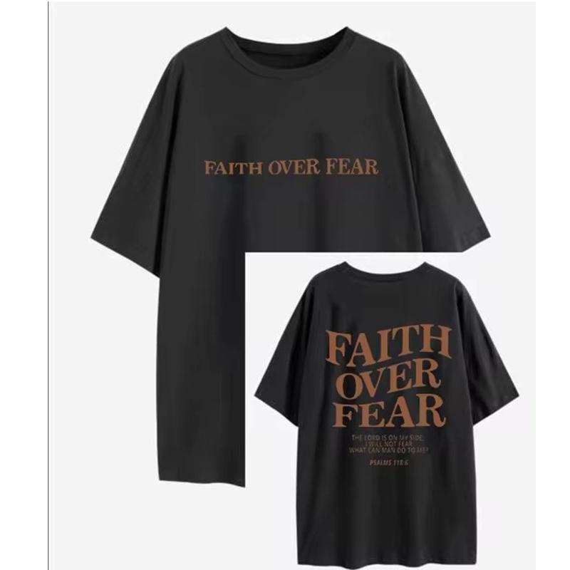 FAITH OVER FEAR T-Shirt W Za Dużym Rozmiarze Chrześcijańskiej Luźnej Koszulki Damskiej Modnej, Bawełnianej Bluzki Estetycznej
