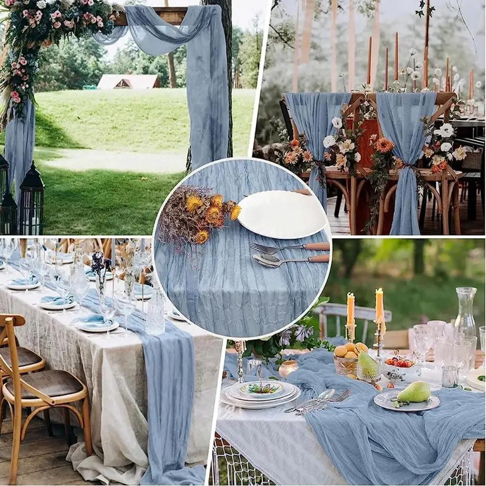 Dusty Blue Gauze Boho Table Runner Rustic Semi Sheer Fabric Cheese Cloth Table Runner Birthday Party Wedding Bridal Shower Decor