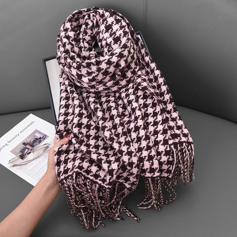 

Зимний теплый клетчатый шарф Женский новый платок Пара Универсальный контрастный цвет Вязаный студенческий шарф «гусиная лапка» 65-180CM