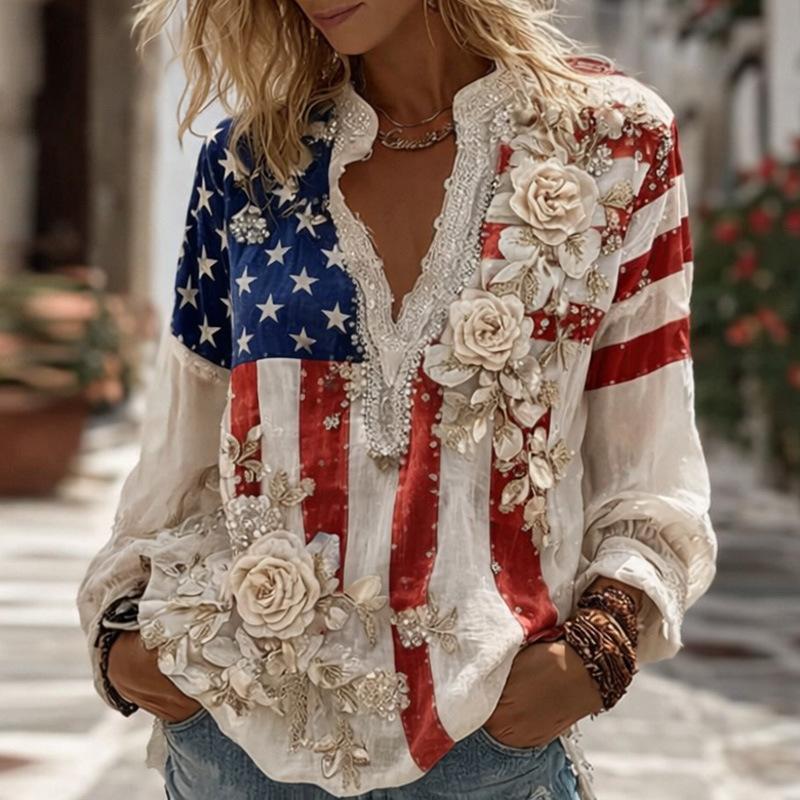 Camicetta da Donna Scollo a V Manica Lunga Vestibilità Regolare Casual Stampa Floreale Camicia Boemia