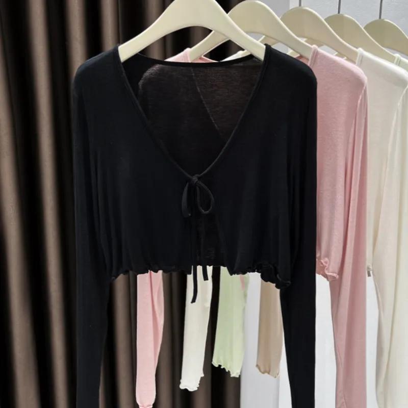 Spring Summer Sheer Tie Front Knit Top Lightweight Long Sleeve Cropped Cover Up