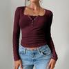 Women's Casual V-neck Buttoned Sexy Slim Ribbed Knit Long-sleeve Top