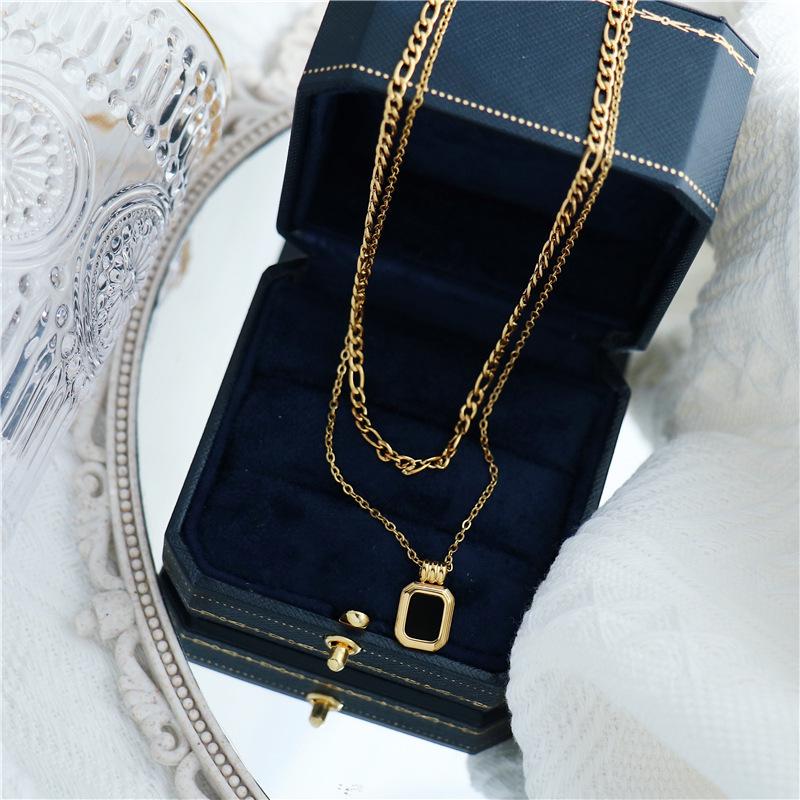 Double Layer Black Square Pendant Gold Necklace - Stackable Clavicle Chain Choker for Women