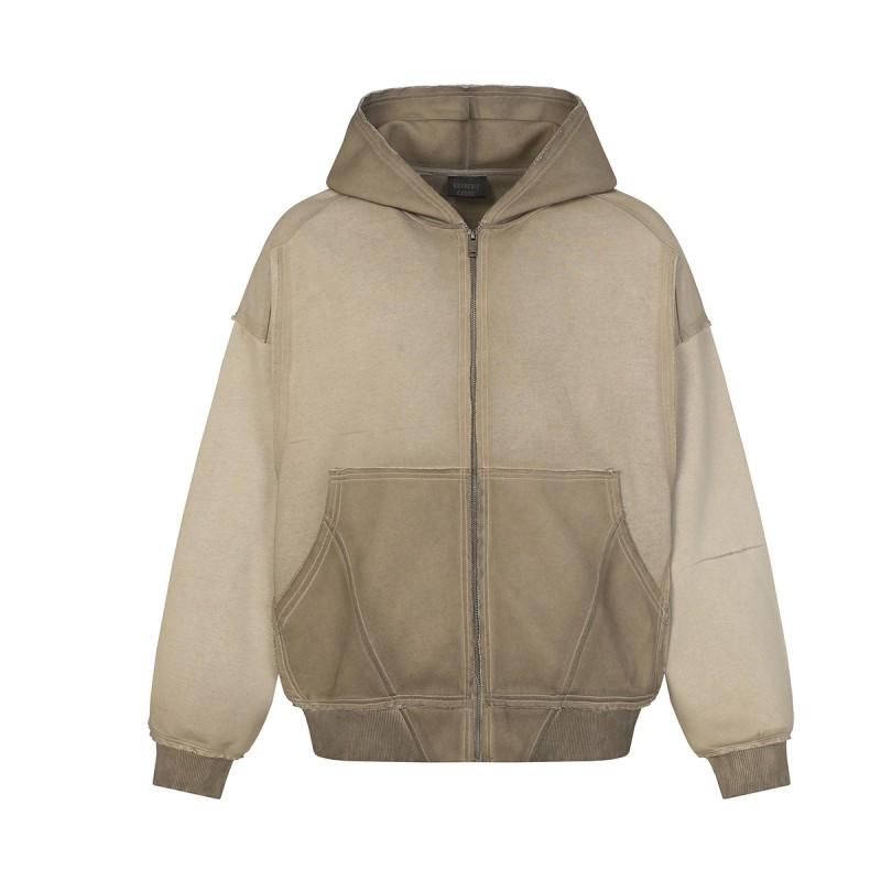 Washed Distressed Oversized Zip Hoodie Men American Streetwear Heavyweight Sweatshirt