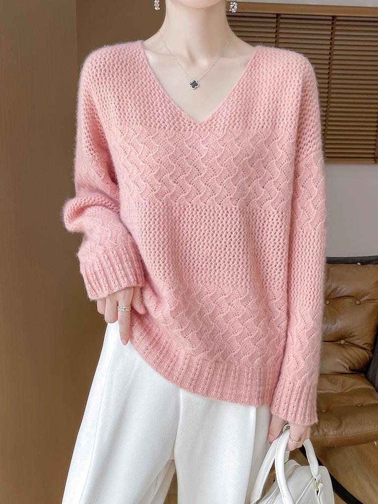 Women's Cashmere V-Neck Hollow Jacquard Pullover Sweater, Autumn/Winter Collection