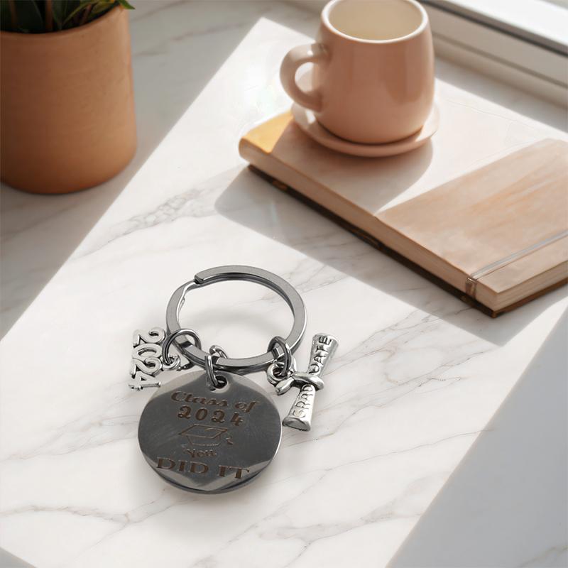 2024 Graduation Doctoral Cap Stainless Steel Engraved Keychain Rings Key Holder Inspirational Language Creative Gift Accessories