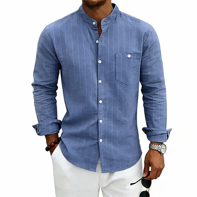Mens American Style Striped Linen Stand Collar Long Sleeve Casual Shirt For Spring Autumn