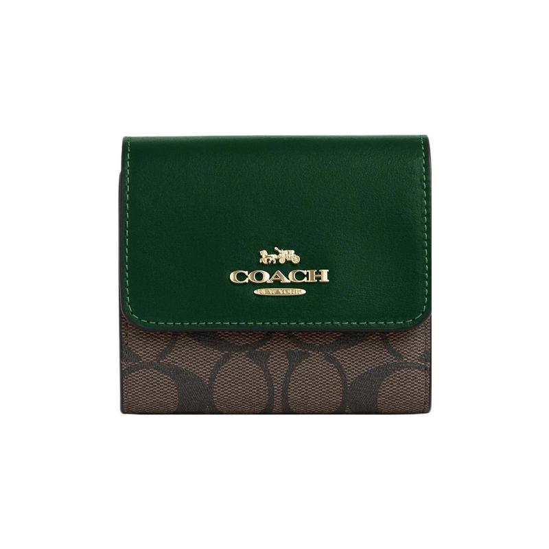 COACH wallet Trifold 11 Silver Logo Flap with Classic Presbyopia Snap Button Closure Coated Canvas and Smooth Leather Card Holder Women s Brown серебряный