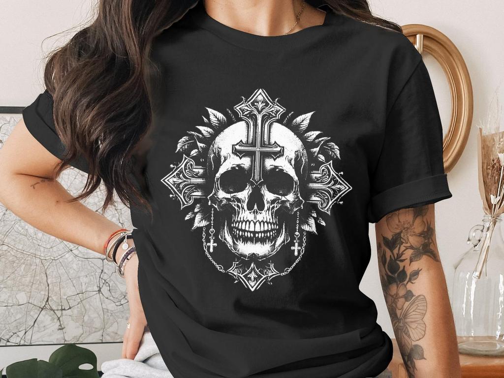 Gothic Skull Cross T-Shirt, Dark Academia Alt Clothing, Occult Graphic Tee, Emo Grunge Fashion, Edgy Christian Skull Shirt