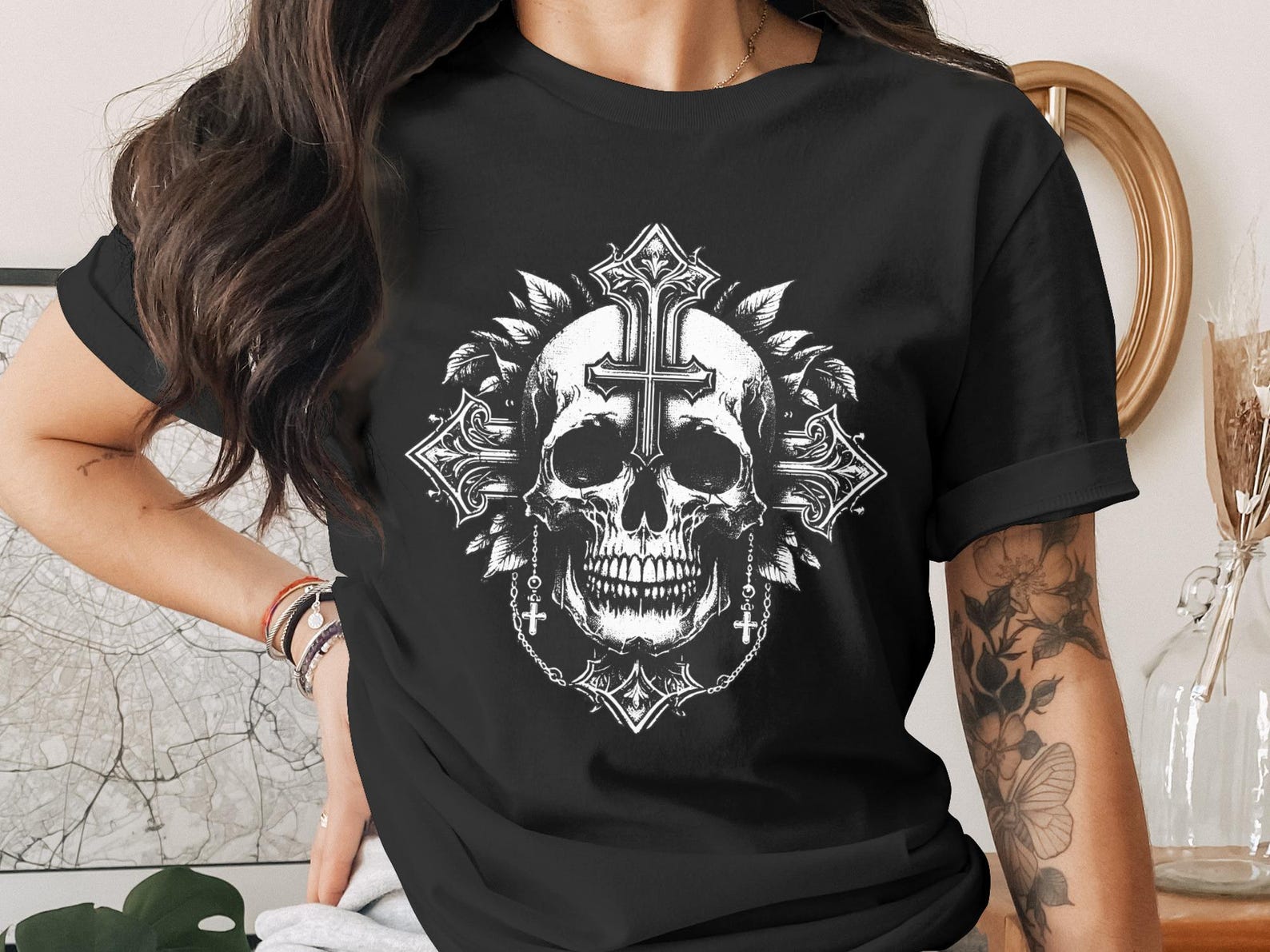 Gothic Skull Cross T-Shirt, Dark Academia Alt Clothing, Occult Graphic Tee, Emo Grunge Fashion, Edgy Christian Skull Shirt 2XL
