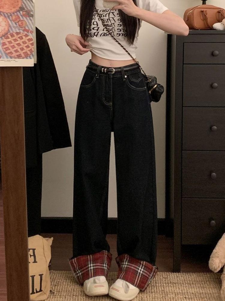 

Pear-shaped Grid Splicing Jeans Women s Dark Blue and Red Loose Large Size Trailing To Cover The Meat of The Wide-legged Long Trousers Denim Pants XS