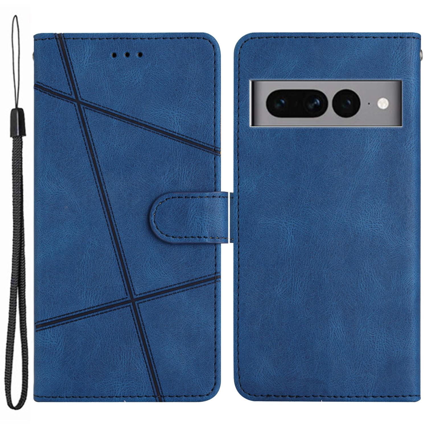 

For Google Pixel 7 Pro 5G Imprinted Lines PU Leather Wallet Stand Anti-drop Cover Crazy Horse Texture Phone Case with Strap Blue