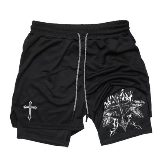 Muay Thai Kick Boxing MMA Shorts Cross Christian God Men Women Unisex Double Layer Quick Dry Breathable Sport Gym Fitness Workout