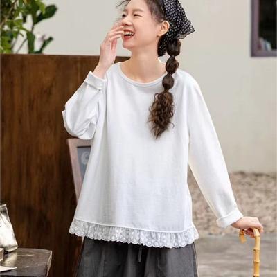 Mori Lace-patch Round Neck Pullover Long Sleeve Base Top Casual Versatile T-shirt For Autumn Winter