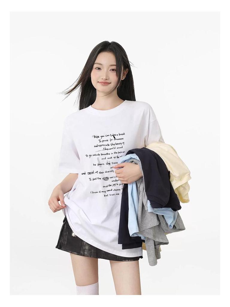 Women's Korean Style Cotton Letter Print Short Sleeve Loose T-shirt - Summer Student Fashion Top