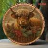 Funny Cow Metal Wall Art - Highland Cow Decor Round Farmhouse Sign, Brown Green Nature Inspired