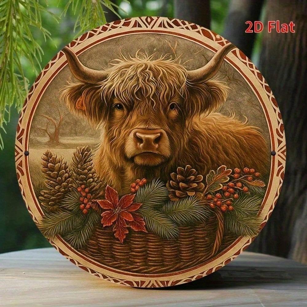 Funny Cow Metal Wall Art - Highland Cow Decor Round Farmhouse Sign, Brown Green Nature Inspired