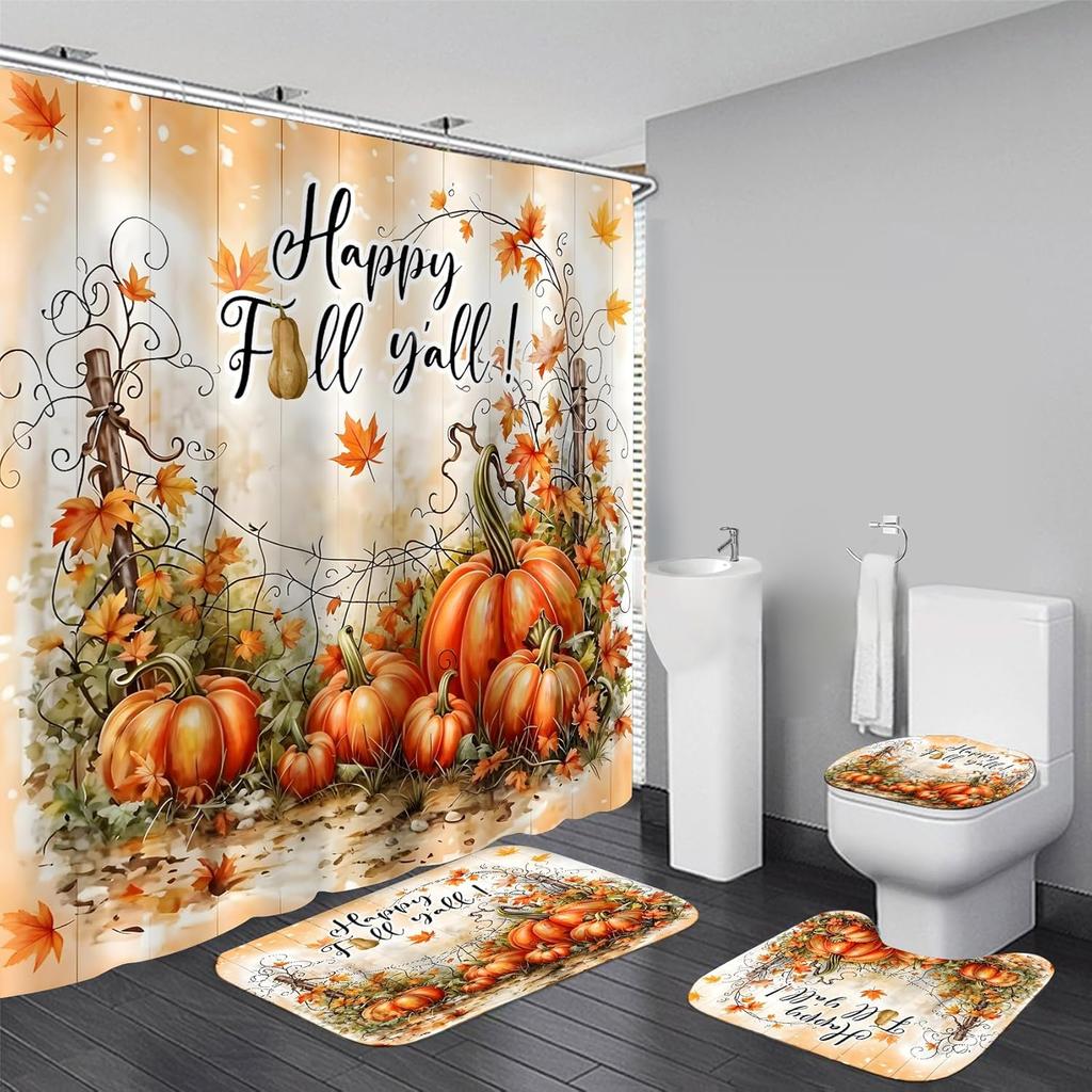 Halloween Shower Curtain Sets Haunted House Pumpkin Shower Curtains With 12 Hooks, Bathroom Decor Sets With Curtain And Rugs