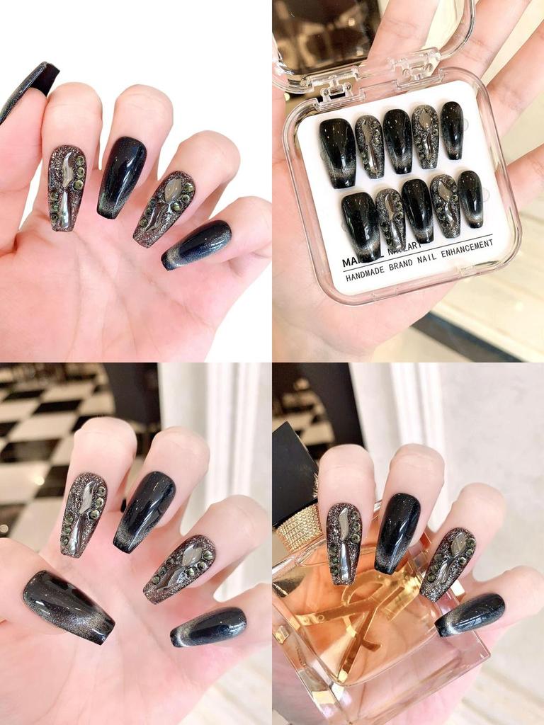 Trendy Black Cat Eye Manicure Stickers Sparkling Gems And Handcrafted Design