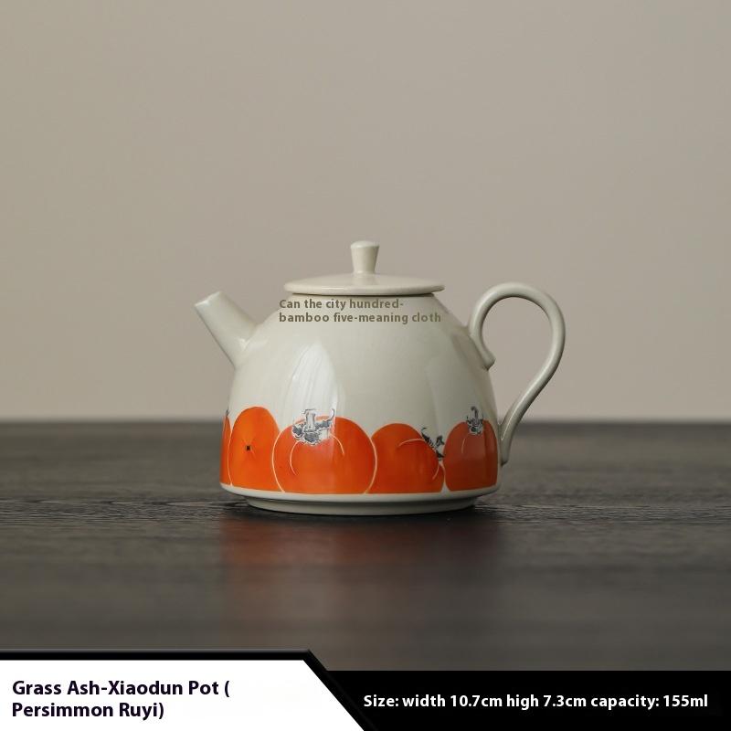 Kung Fu Ceramic Tea Set Plant Ash Persimmon Tea Pot with Bamboo Filter for Household Coffee & Tea Travel-Ready Kettle
