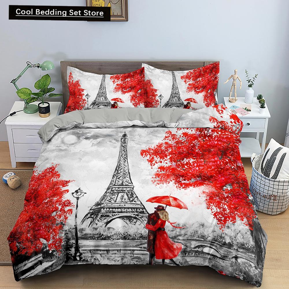 Paris Eiffel Tower King Queen Duvet Cover World Famous Romantic Attractions Bedding Set Women Girls 2/3Pcs Polyester Quilt Cover