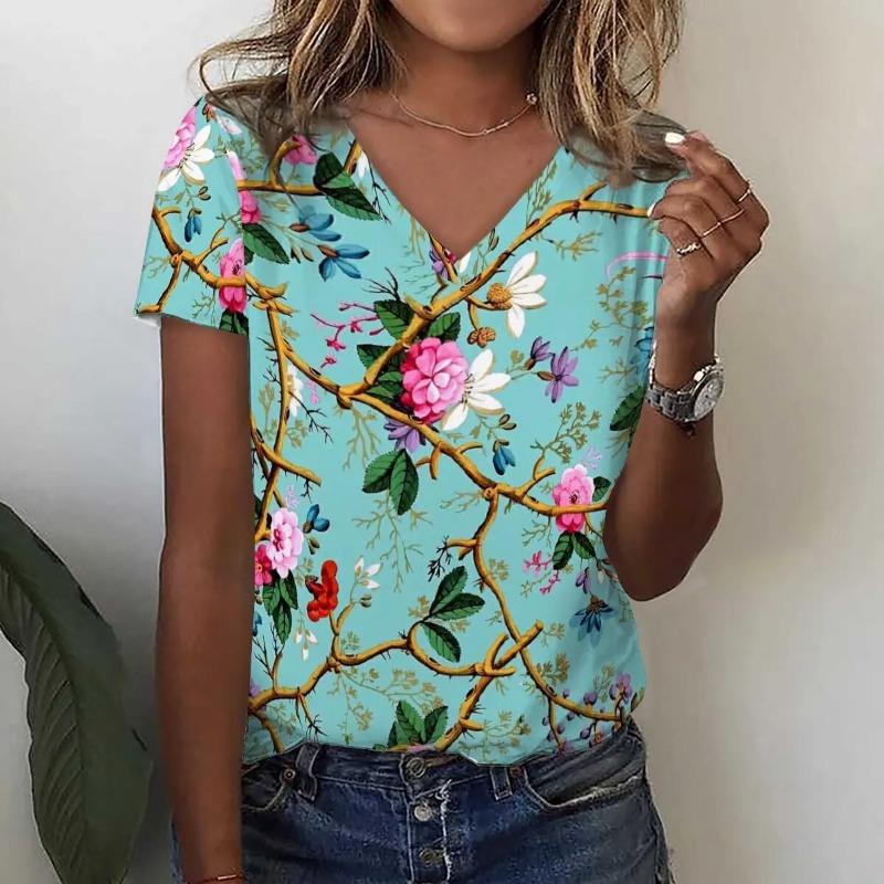 Fashion Sunflower Floral 3D Print T Shirt Summer Women V-Neck T-shirts Harajuku Streetwear Y2k Tees Top Woman Clothing Shirt