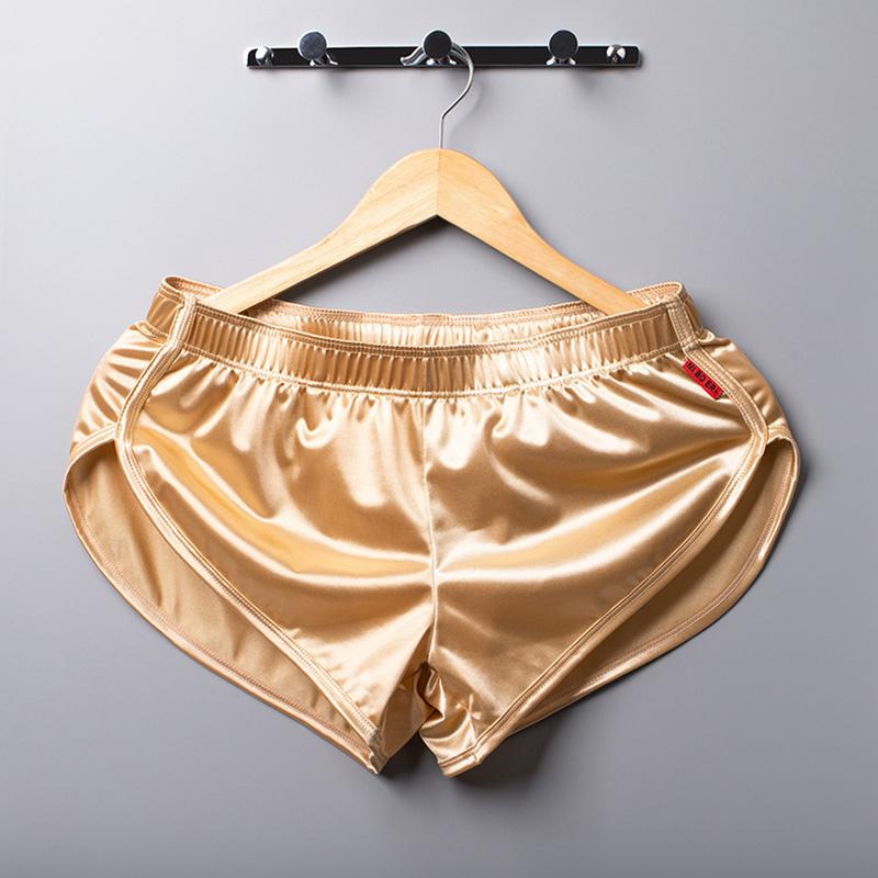 

Men Sexy Satin Pajamas Silk Sleepwear Boxer Trunks Boxer Briefs Sleep Bottoms Solid Color KTB 3XL жовтий