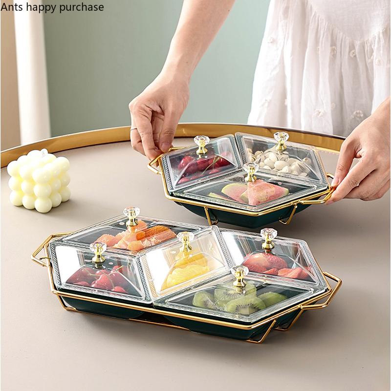 3 Grids 5 Grids Ceramic Snack Tray Acrylic Cover Metal Base Snack Platter Fruit Tray Dried Fruit Plate Salad Bowl Dessert Bowl