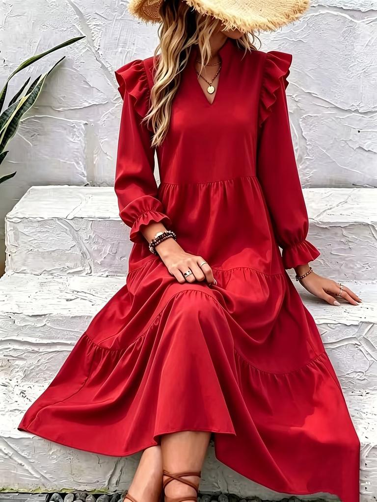 European and American New V Casual Fashion Ruffle Edge Solid Color Dress