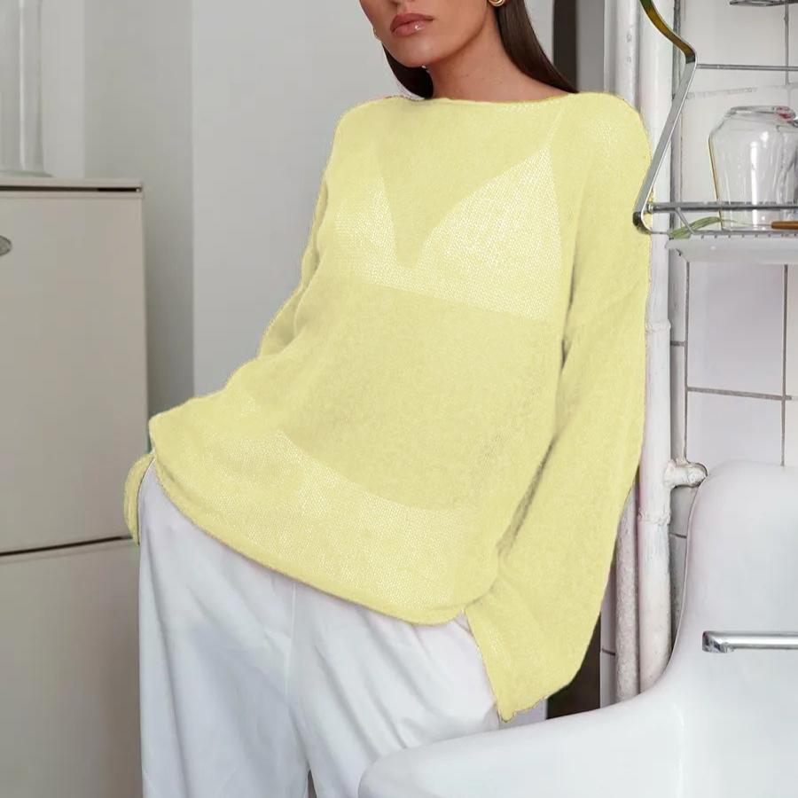 Letní Dámské pletené svetry Lady Hollow Out Síťovaný tenký svetřík Průhledný vzhled Dlouhé rukávy Volné topy Košile na opalování