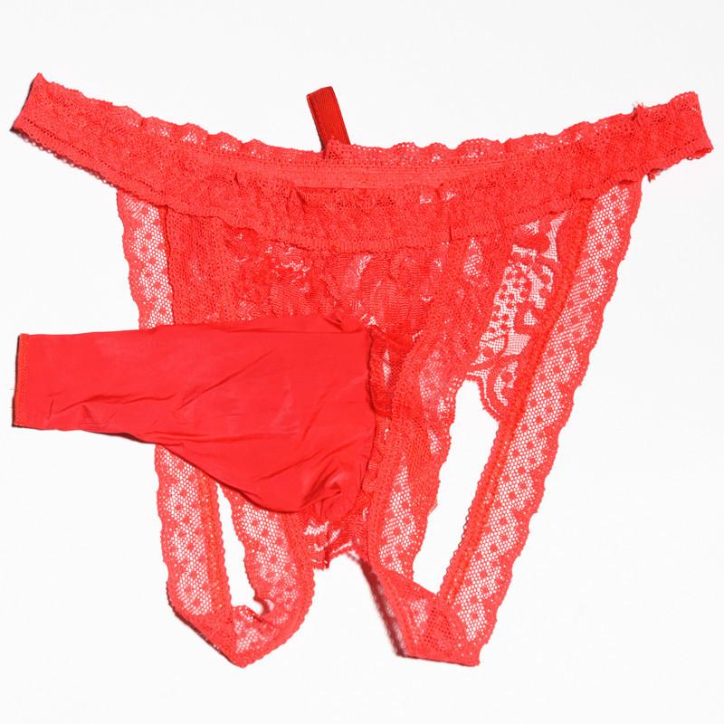 Sissy Lingerie For Men Sexy Seductive Thong Lace Open Crotch Panties Pouch Sheath Underwear Transparent Ultra-Thin Underpants
