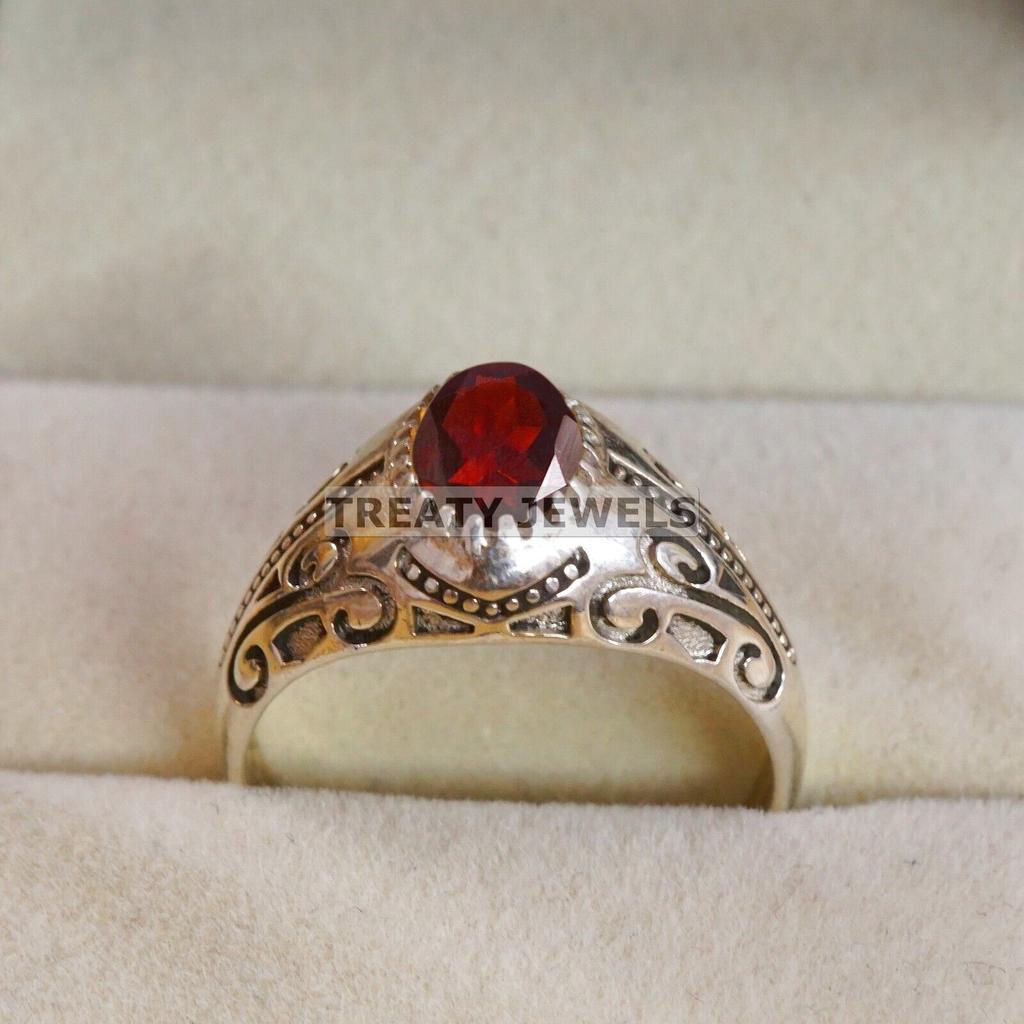 Garnet Oval Cut Gemstone With 925 Sterling Silver Ring For Men's #B69 JL375671366338