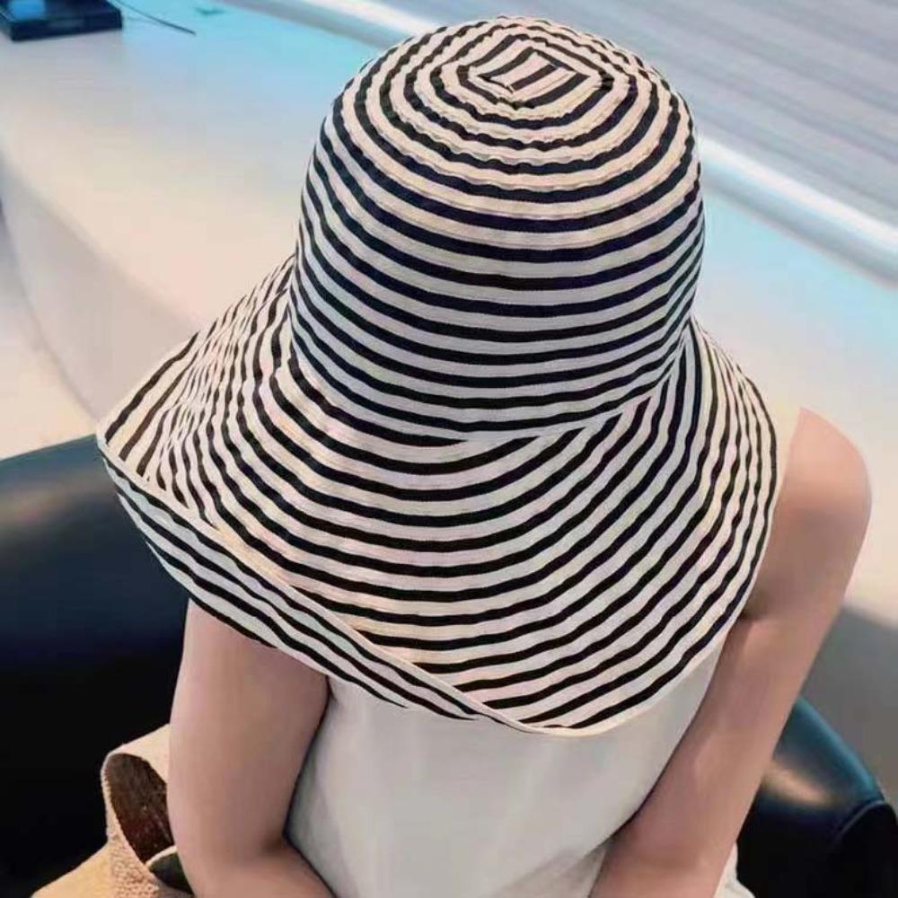 Simple Foldable Beach Sun Cap Widened Brim Roll Edge Fisherman Hat Soft Striped Bucket Hat  Party