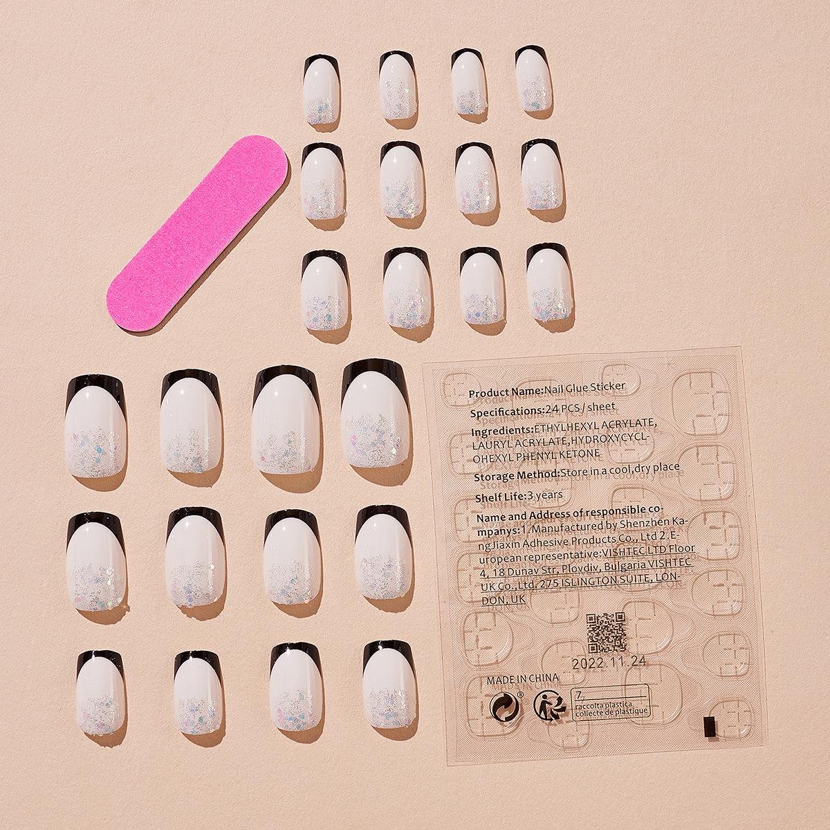 

Европейские и американские трендовые прямоугольные французские глитерные накладные ногти ручной работы, готовые типсы для нейл-арта.