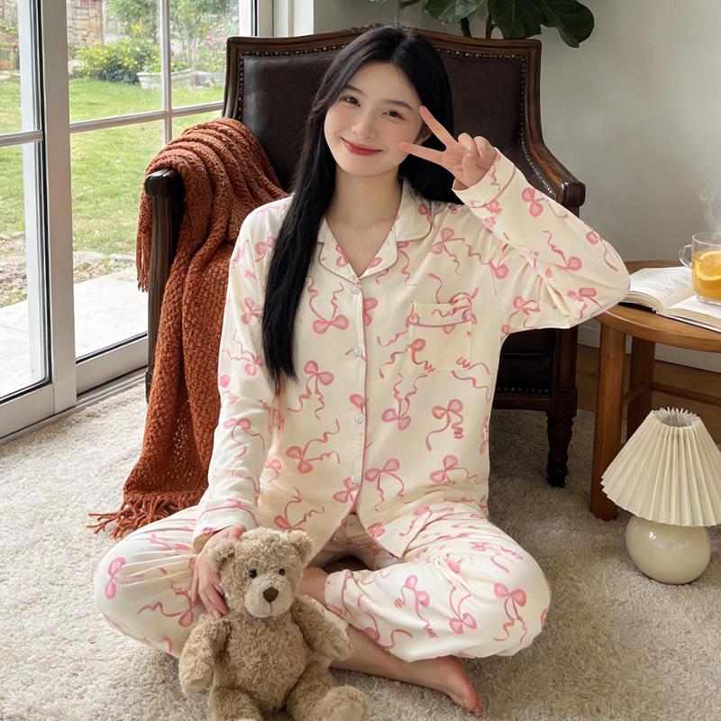 Imiteret bomuld ins japansk sløjfe pyjamas dame forår ny sød pige langærmet loungewear todelt sæt