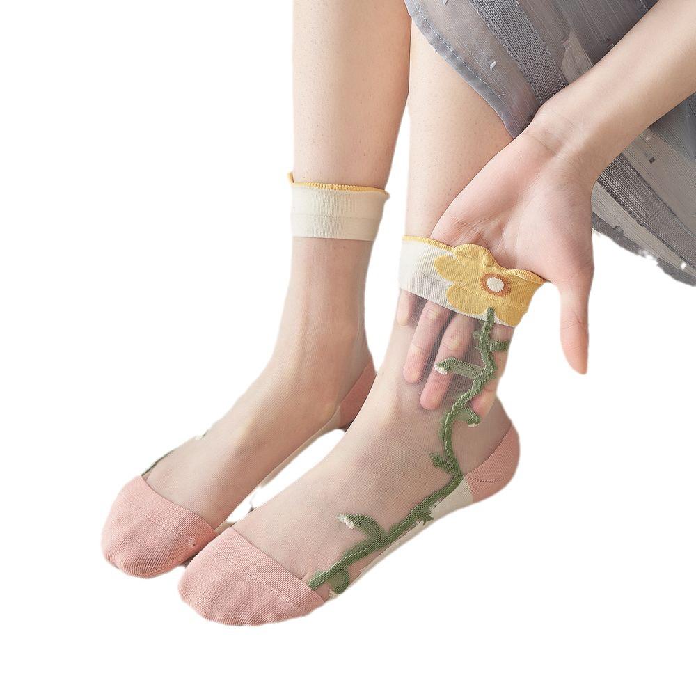Tulpenmuster Transparente Seiden-Kniestrumpfhosen für Damen – Trendige Sommersocken