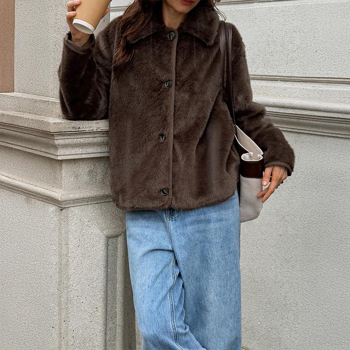 

Elegant Plush Button Long Sleeve Coat Jacket Women 2025 Autumn Winter S