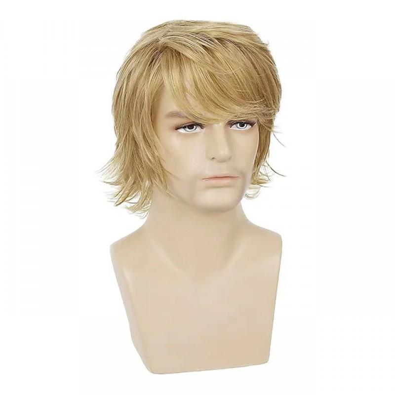 Mens Short Curly Wig With Side Swept Bangs Golden Color 12 Inch Synthetic Hairpiece Daily Wear