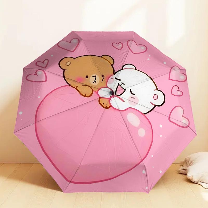 1pc Bear Heart Automatic Folding Umbrella 8 Rib Iron Frame, Compact Portable Umbrella Suitable for Travel, Daily Use, Birthday, Women & Men Gift 058