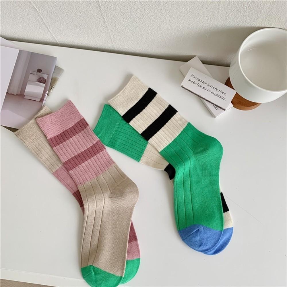 A Pair Stripes Mid Tube Socks Warm Womens Crew Socks Durable Cotton Socks  At All Seasons