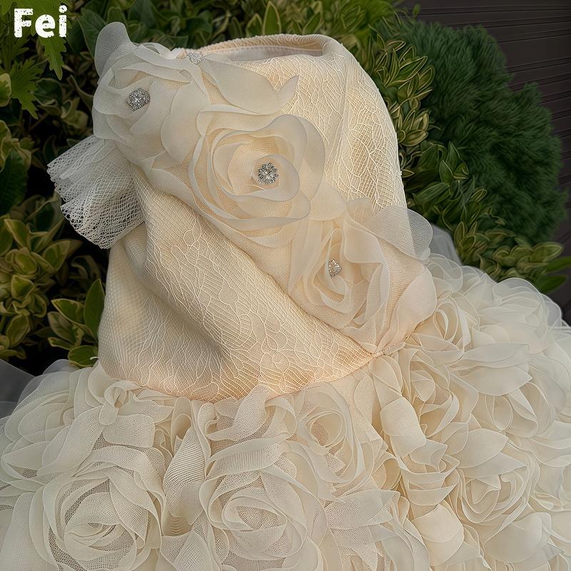 Chic Plush White Rose Pet Wedding Dress, Long Train Outfit, Pet Dog Cat Supplies Choice for Small Dog Birthday Photography