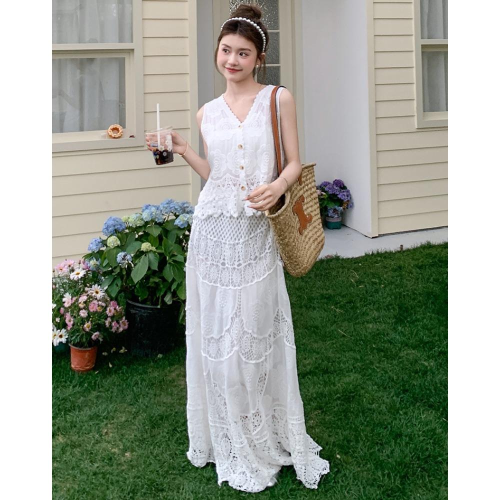 DIMANAF 2025 Women New Suit Skirt Knitting Beach Sleeveless Lace Hollow Out Sexy O-Neck Hollow Summer Style Tops Tees Loose Basic