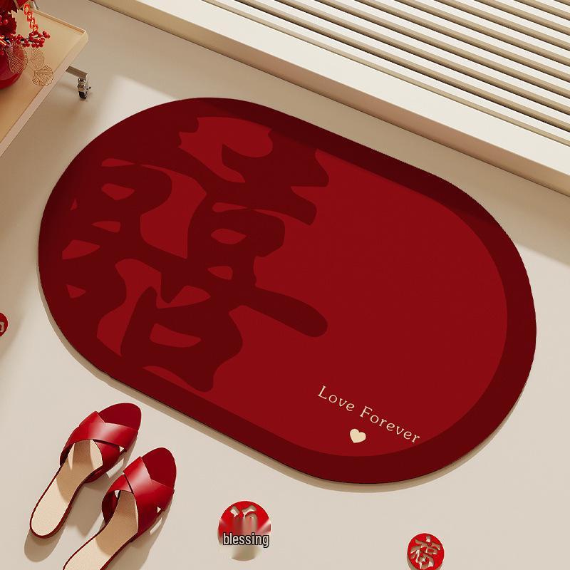 Festive Red Diatomaceous Earth Water-Absorbing Anti-Slip Oval Bathroom Mat