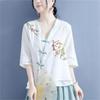 Three-quarter-sleeved Cotton and Linen Shirt Women's Literary Retro Embroidery Loose and Thin Cotton and Linen Color Matching Blouse Summer