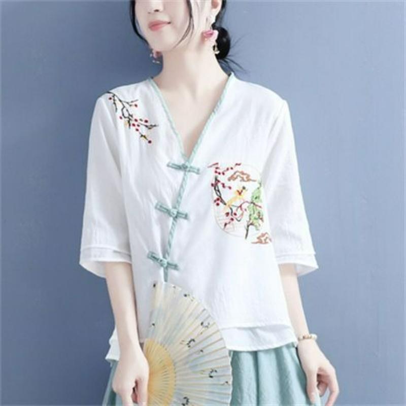 Three-quarter-sleeved Cotton and Linen Shirt Women's Literary Retro Embroidery Loose and Thin Cotton and Linen Color Matching Blouse Summer