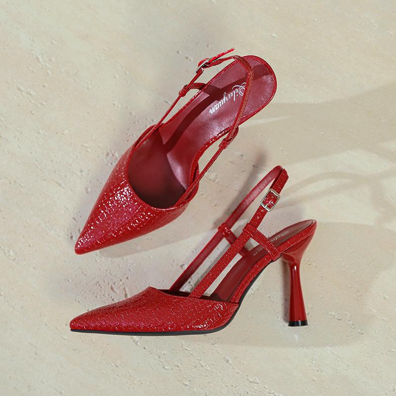 Red Pointed High Heels Stiletto 9cm One-word Belt Sexy 2025 New Bag Head Sandals Large Size Empty Shoes