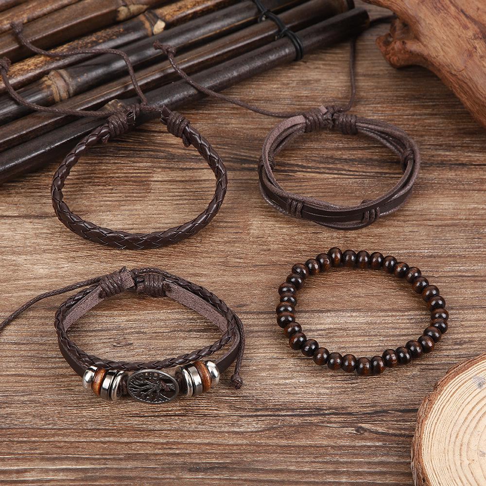 Men's Retro Tree of Life Cowhide Bracelet Set: Multi-layer Distressed Leather, Woven Wood Beads, European American Punk Style